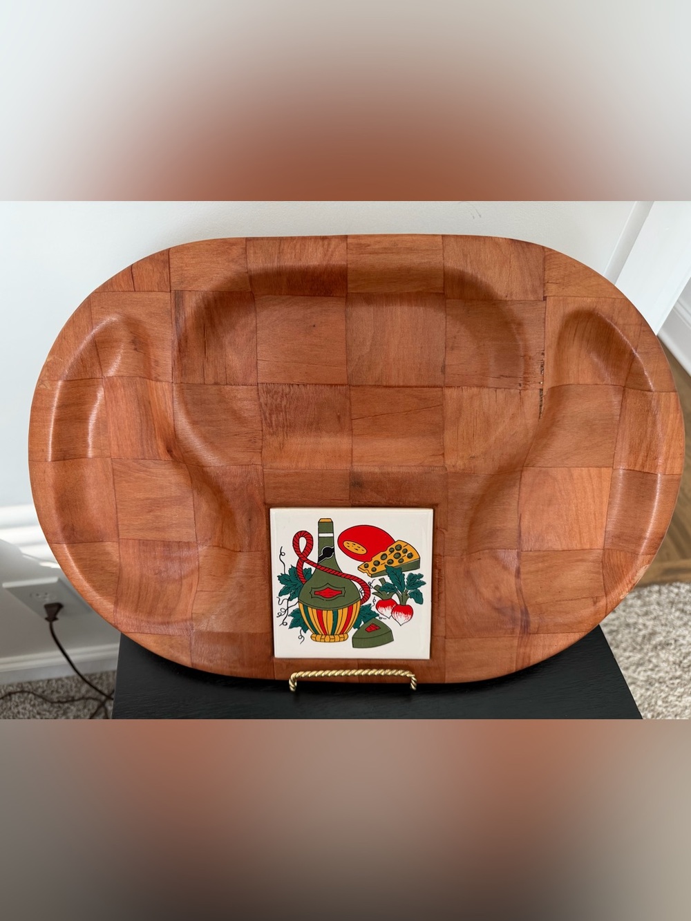 Vintage MCM parquet wood and ceramic tile divided serving tray